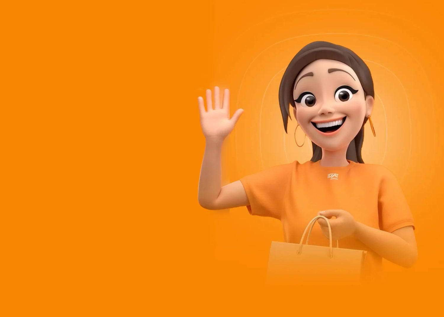IZZA, mascote da Izzat Express, acenando e segurando uma sacola de compras