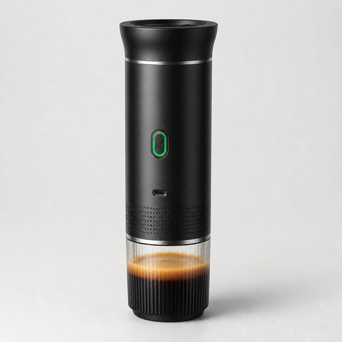 Tazzi portable espresso maker standing on a surface with the clear cup filled with espresso and golden crema
