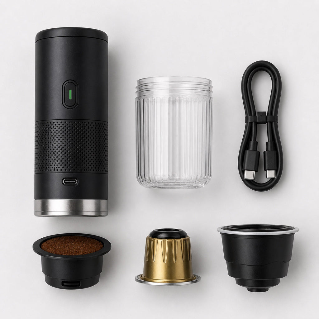 Tazzi components laid out from above: the black body, the ribbed clear cup, a USB-C cable and the three adapters