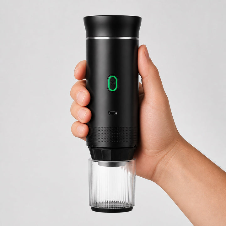 A hand holding the Tazzi portable espresso maker, showing its size against an adult hand