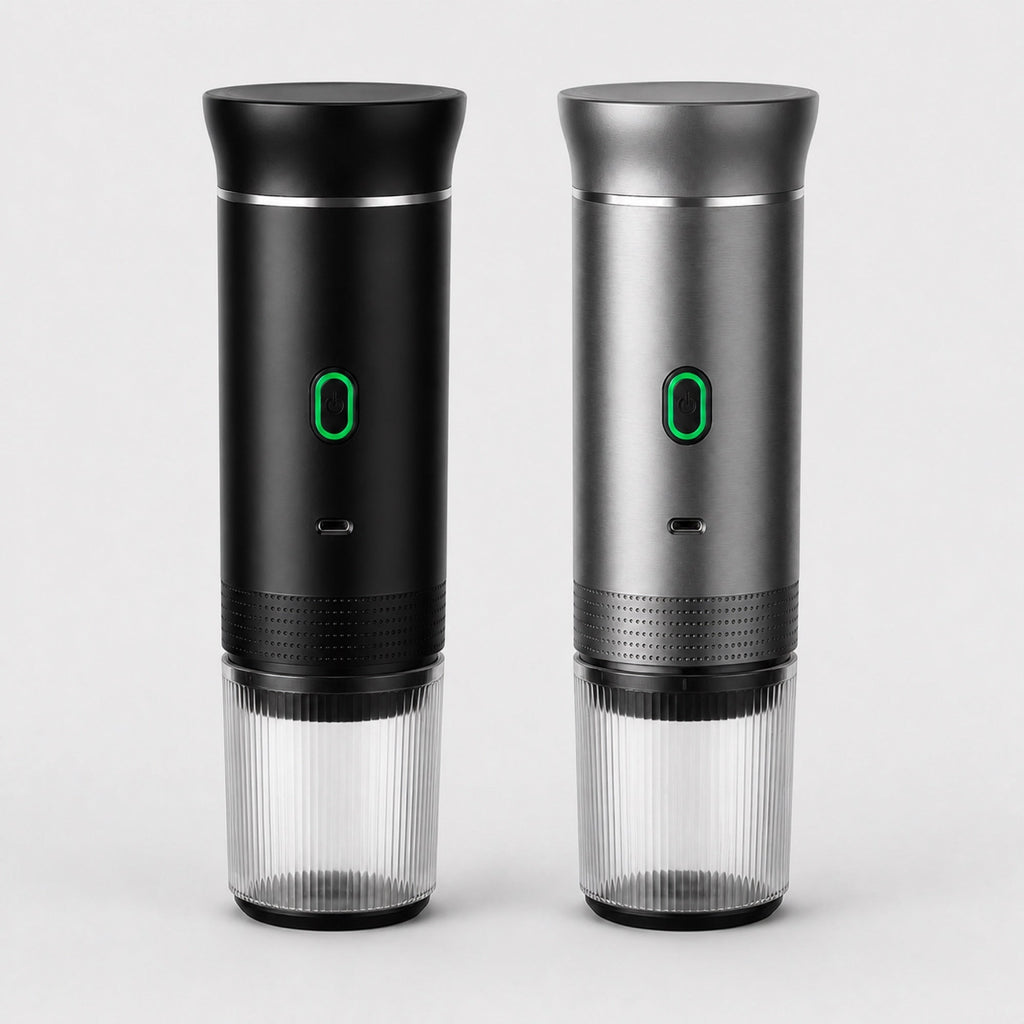 The two Tazzi finishes side by side: matte black on the left and brushed metal on the right