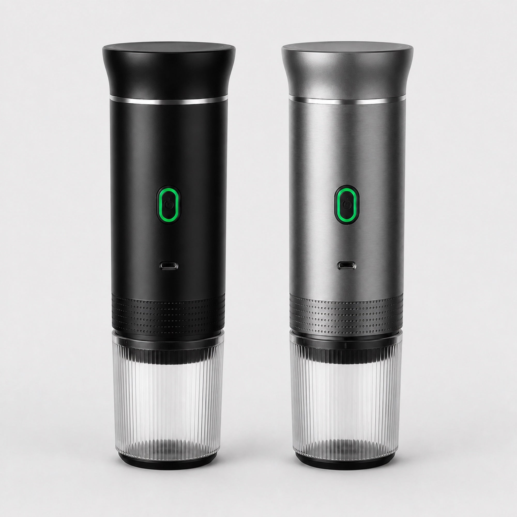 The two Tazzi finishes side by side: matte black on the left and brushed metal on the right